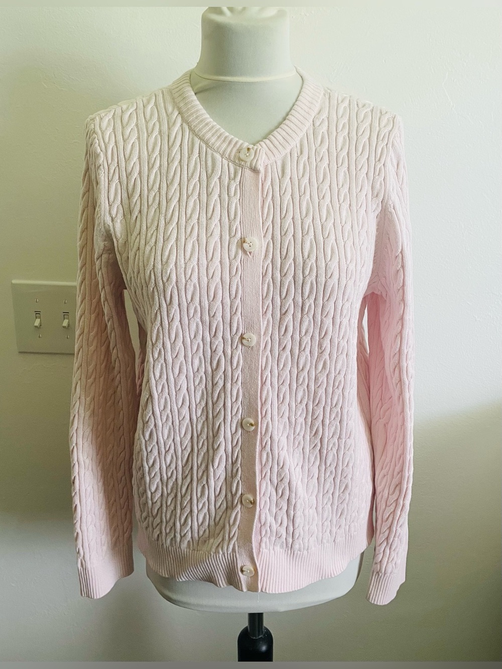 J. Jill Women Cardigan Sweater L Pastel Pink Cable Knit Button Down 100% Cotton